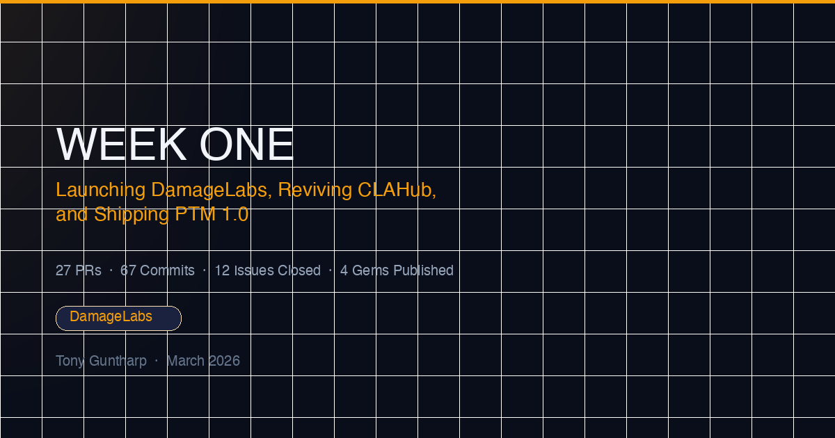 Week One — Launching DamageLabs, Reviving CLAHub, and Shipping PTM 1.0
